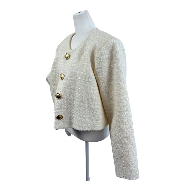 H&M Cream Tweed Cropped Jacket with Gold Buttons – Size Large - Picture 2 of 8